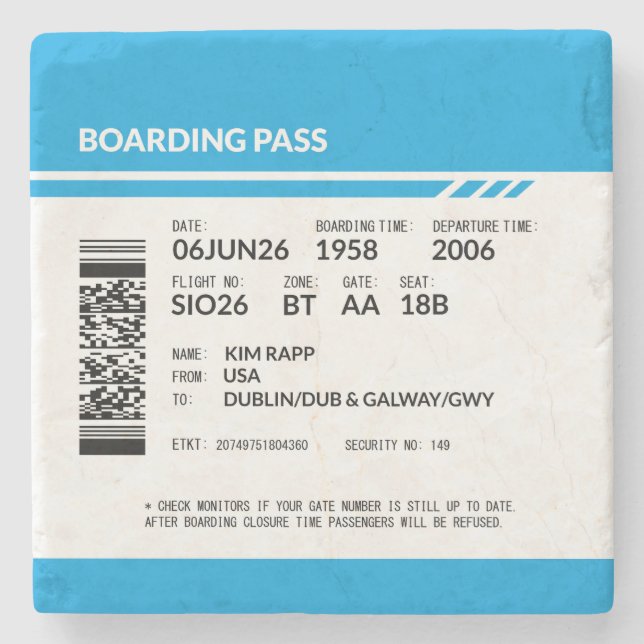 Boarding Pass 6000x6000 (blue) DAM10 Stone Coaster (Front)