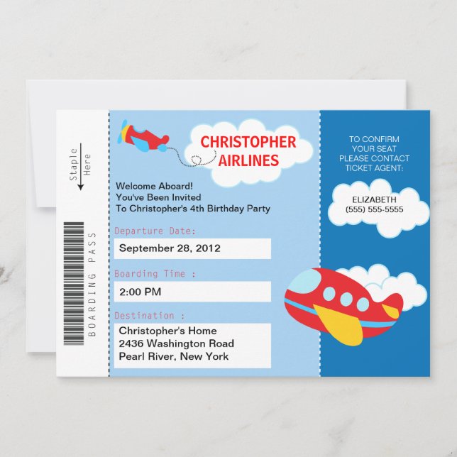 Boarding Pass Aeroplane  Birthday Party Invitation (Front)