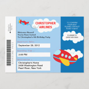 Boarding Pass Aeroplane Birthday Party Invitation