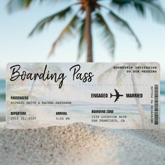 Boarding Pass Beach Palm Tree Destination Wedding Invitation (BOARDING PASS WEDDING INVITATION)