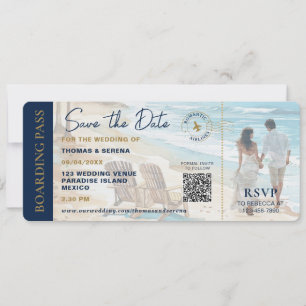 Boarding Pass Beach Save The Date QR Code Wedding Invitation