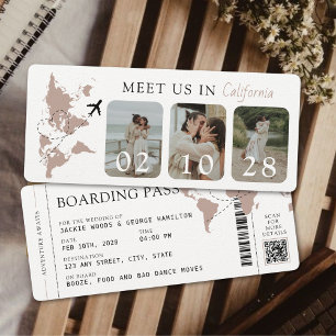 Boarding Pass Beige Neutral 3 Photos Wedding Invitation