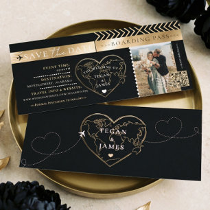 Boarding Pass Black Gold Wedding Save The Date Invitation