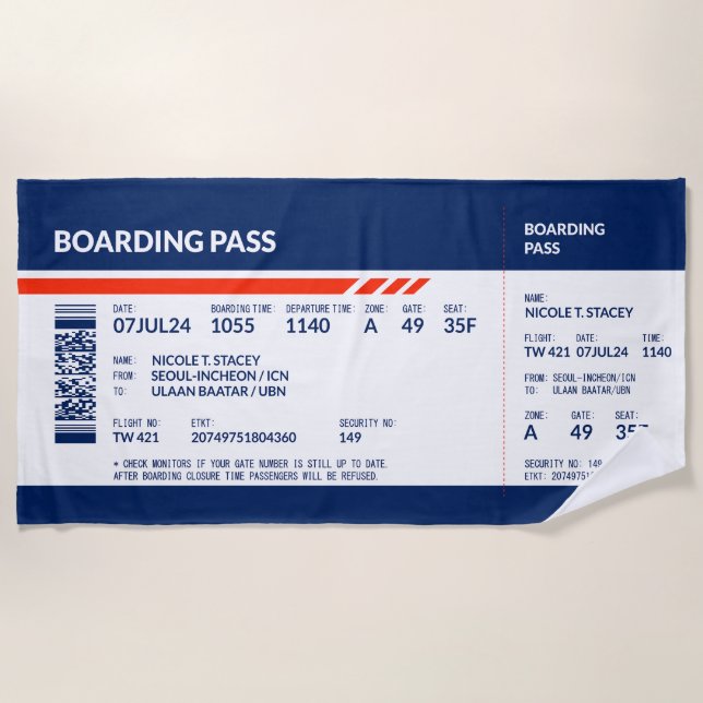 Boarding Pass - Blue & Red Beach Towel (Front)