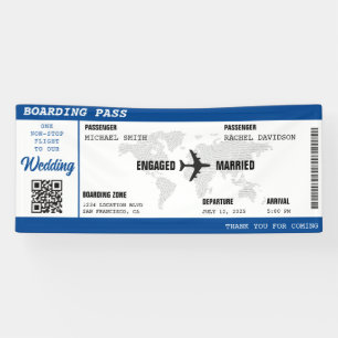 Boarding Pass Blue World Map Destination Wedding Banner