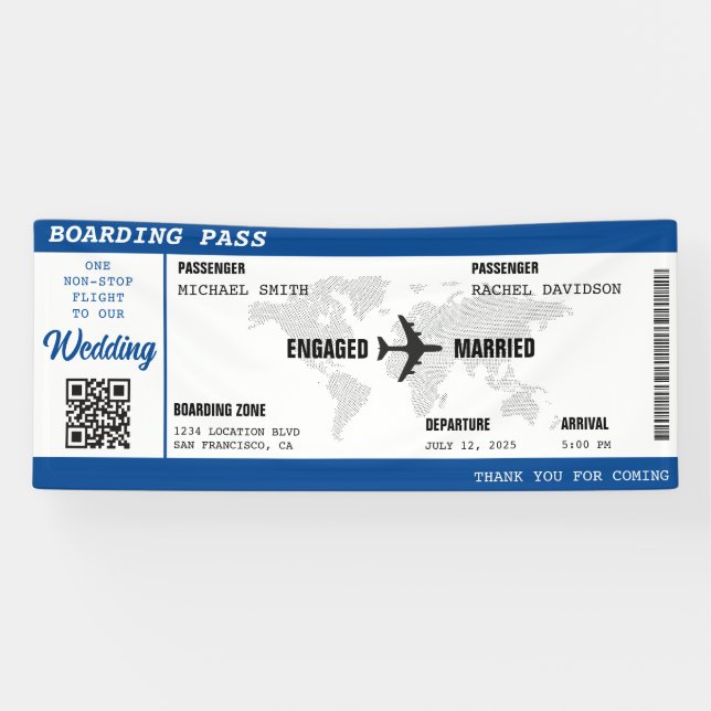 Boarding Pass Blue World Map Destination Wedding Banner (Horizontal)