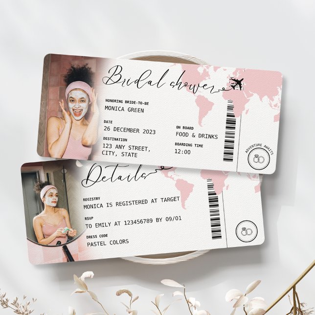 Boarding Pass Bridal Shower Travel Pink Photo Invitation (Bridal Shower Boarding Pass Invitation Blush Pink)