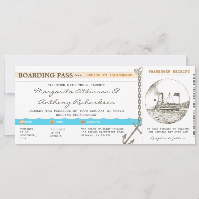 boarding pass cruise wedding invitations (Front)