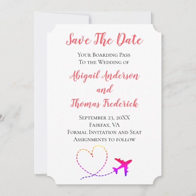 Boarding Pass Destination Aeroplane Heart Wedding Save The Date (Front)