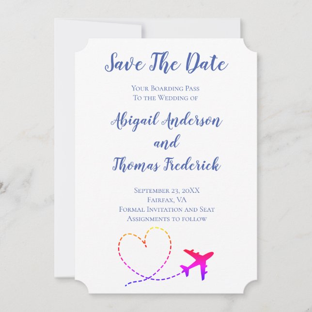 Boarding Pass Destination Aeroplane Heart Wedding  Save The Date (Front)