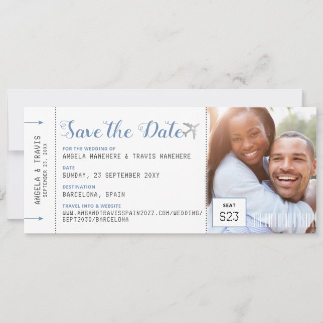 Boarding Pass Destination Photo Blue Save the Date (Front)
