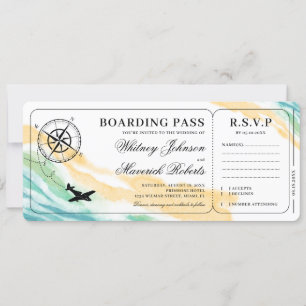 Boarding Pass Destination Watercolor Ocean Wedding Invitation