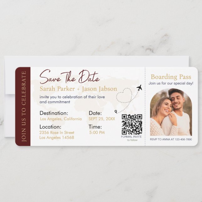 Boarding Pass Destination Wedding QR code Invitation (Front)