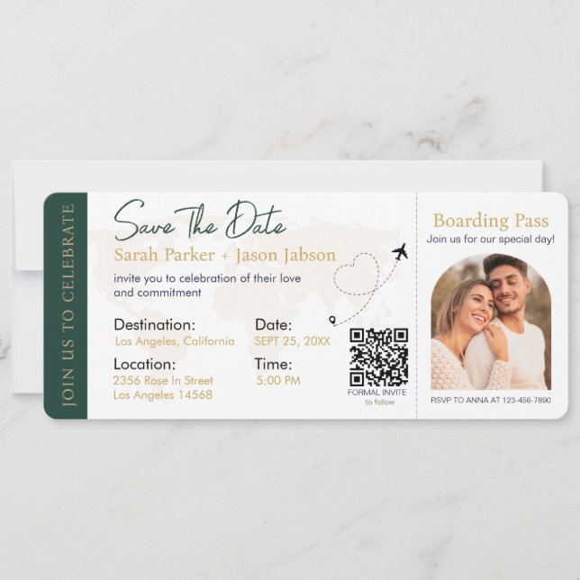 Boarding Pass Destination Wedding QR code Invitation (Front)