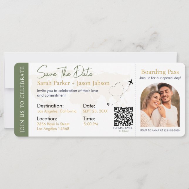 Boarding Pass Destination Wedding QR code Invitation (Front)