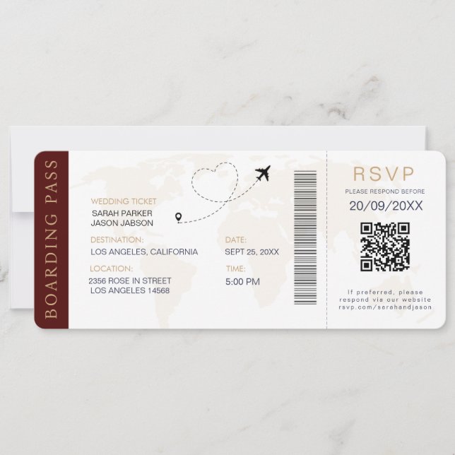 Boarding Pass Destination Wedding QR code Rsvp Invitation (Front)