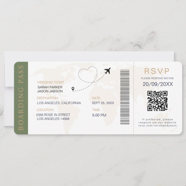 Boarding Pass Destination Wedding QR code Rsvp Invitation (Front)