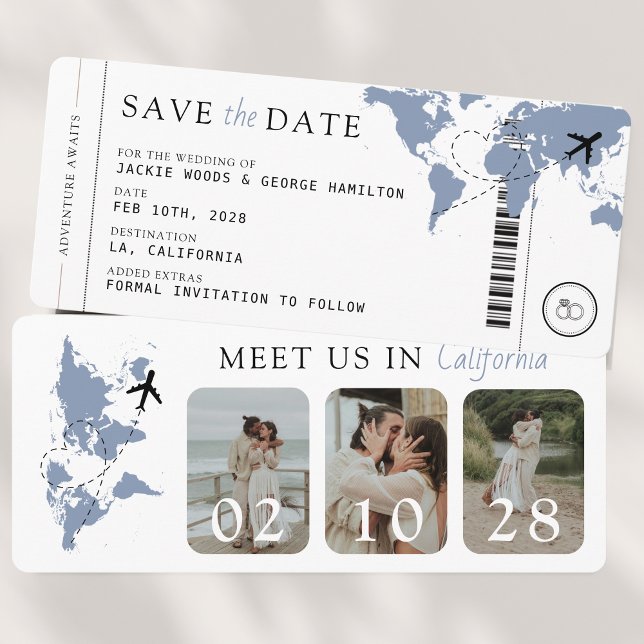 Boarding Pass Dusty Blue 3 Photos Wedding Save The Date (Boarding Pass 3 Photos Save the Date Dusty Blue)