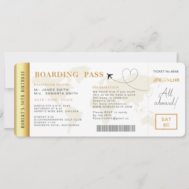 Boarding Pass Flight Ticket Birthday Party Invitation (Front)