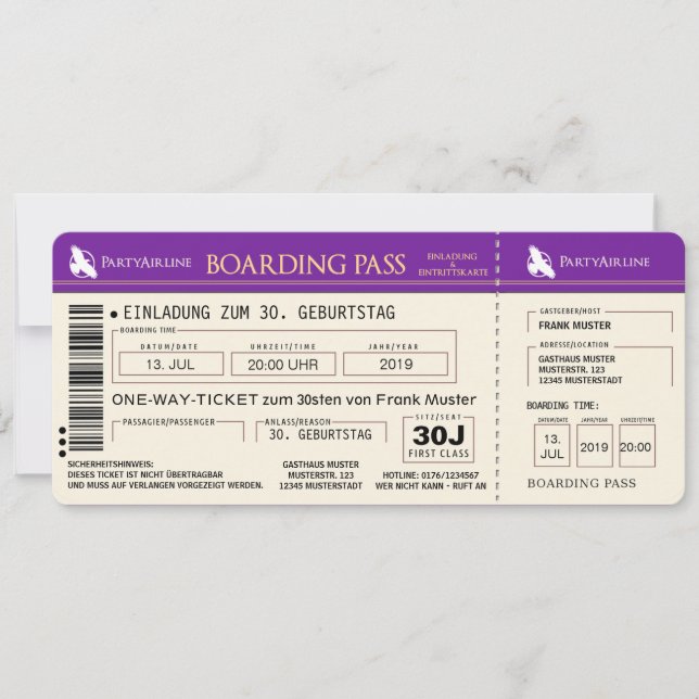 BOARDING PASS Flight Ticket Invitation Card (purpl (Front)