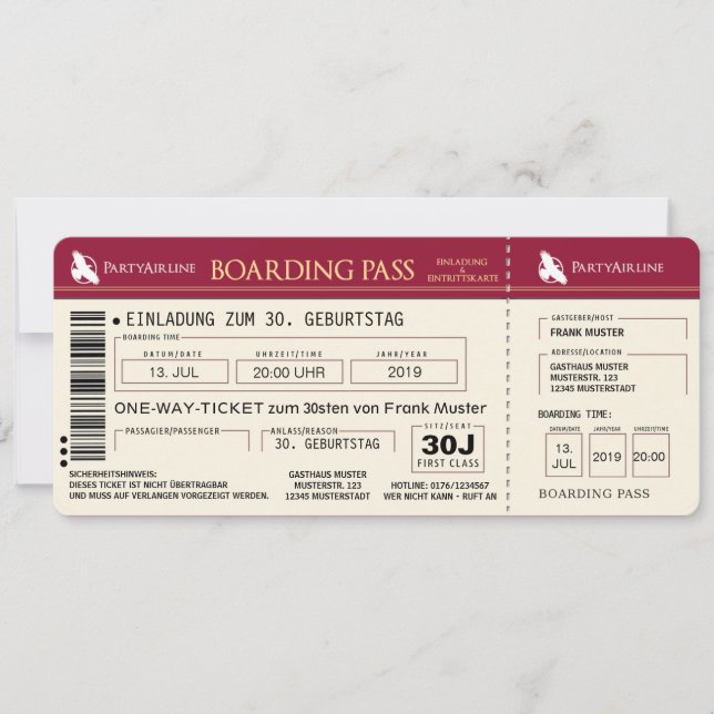 BOARDING PASS Flight Ticket Invitation Card (red) (Front)