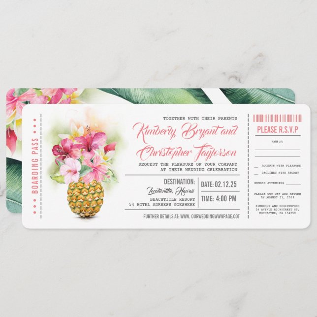 Boarding Pass Floral Pineapple Wedding Tickets Invitation (Front/Back)