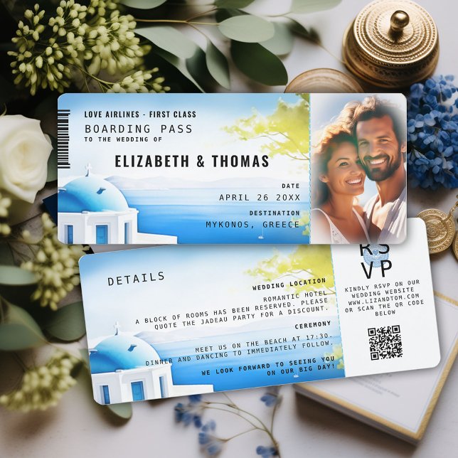 Boarding Pass Greece Modern Destination Wedding Invitation (destination wedding invitation boarding pass greek islands sea sky watercolor modern trendy photo)