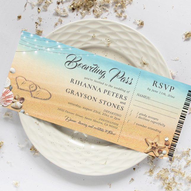 Boarding Pass Hearts in Sand Wedding Invitation (Creator Uploaded)