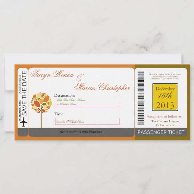 Boarding Pass Linen Wedding Invitation Autumn (Front)