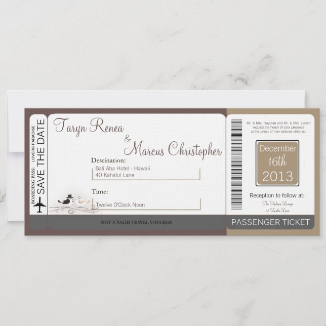 Boarding Pass Linen Wedding Invitation Bird Couple (Front)