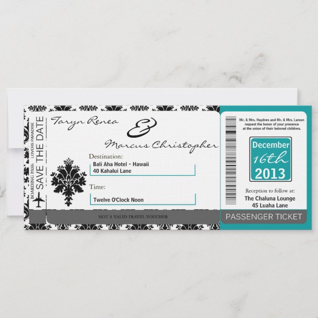 Boarding Pass Linen Wedding Invitation Black Teal (Front)