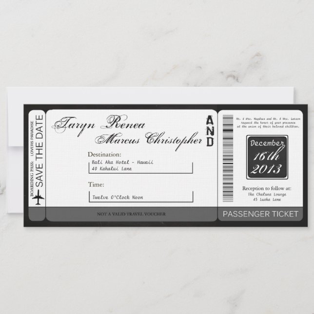 Boarding Pass Linen Wedding Invitation Chalkboard (Front)