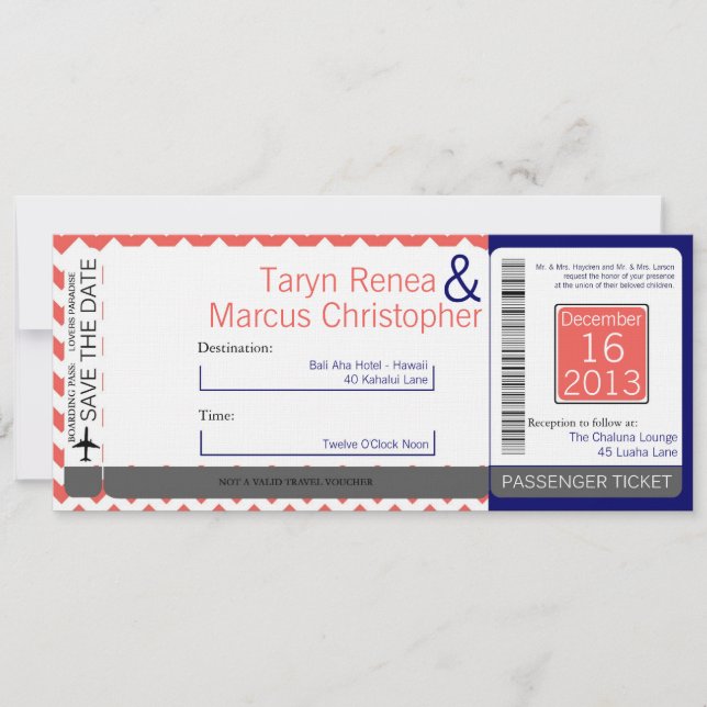 Boarding Pass Linen Wedding Invitation Coral Chevr (Front)
