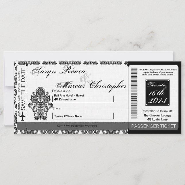 Boarding Pass Linen Wedding Invitation Damask Blac (Front)
