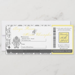 Boarding Pass Linen Wedding Invitation Damask Grey