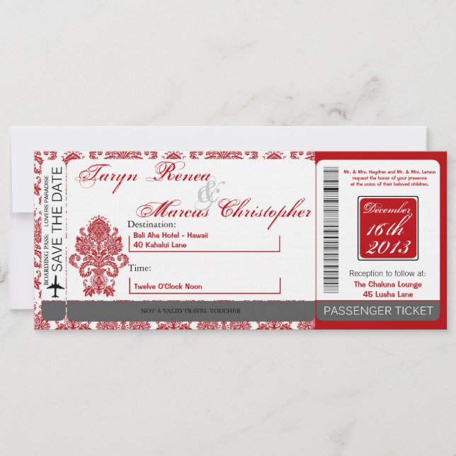 Boarding Pass Linen Wedding Invitation Damask Red (Front)
