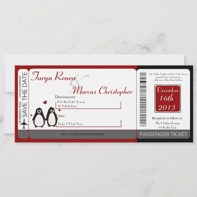 Boarding Pass Linen Wedding Invitation Penguin Lov (Front)