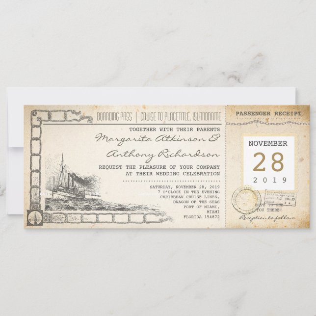 boarding pass nautical vintage wedding invitations (Front)