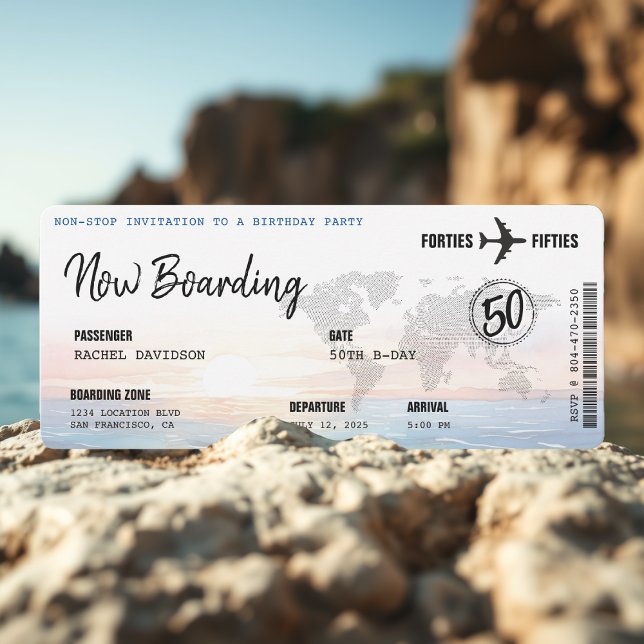 Boarding Pass Ocean Sunset 50th Birthday Party Invitation (Creator Uploaded)