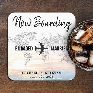 Boarding Pass Ocean Sunset Destination Wedding Square Paper Coaster