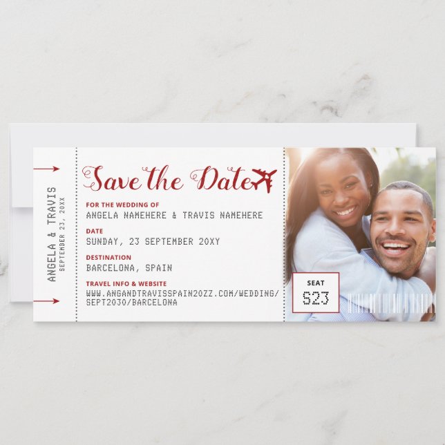 Boarding Pass Photo Red Aeroplane Logo Save Date (Front)
