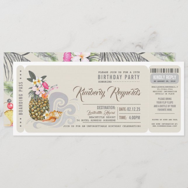 Boarding Pass | Pineapple | Beach Birthday Party Invitation (Front/Back)