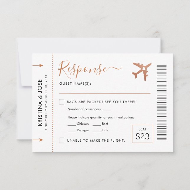 Boarding Pass Plane Ticket Copper Travel Theme RSVP Card (Front)