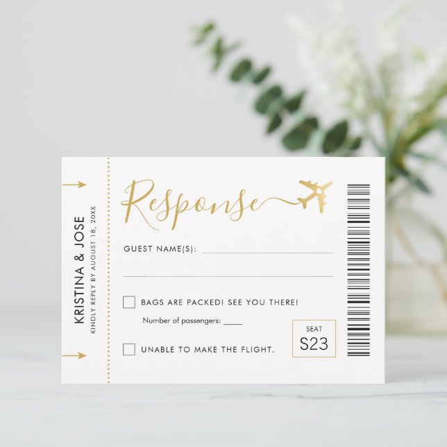 Boarding Pass Plane Ticket Destination Wedding RSVP Card (Standing Front)