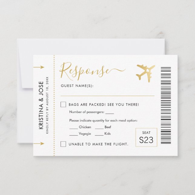 Boarding Pass Plane Ticket Gold Destination RSVP Card (Front)