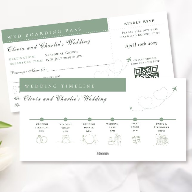 Boarding Pass Sage Qr Code Wedding timeline Holiday Card (Creator Uploaded)