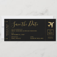 Boarding Pass Save the Date Black Gold Heart Plane