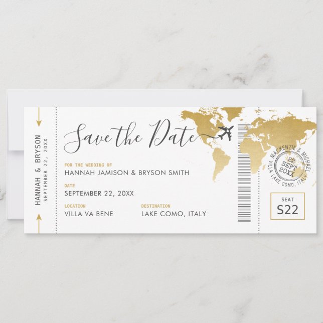 Boarding Pass Save the Date Gold World Map Invitation (Front)