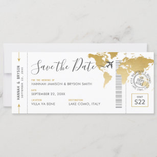 Boarding Pass Save the Date Gold World Map Invitation
