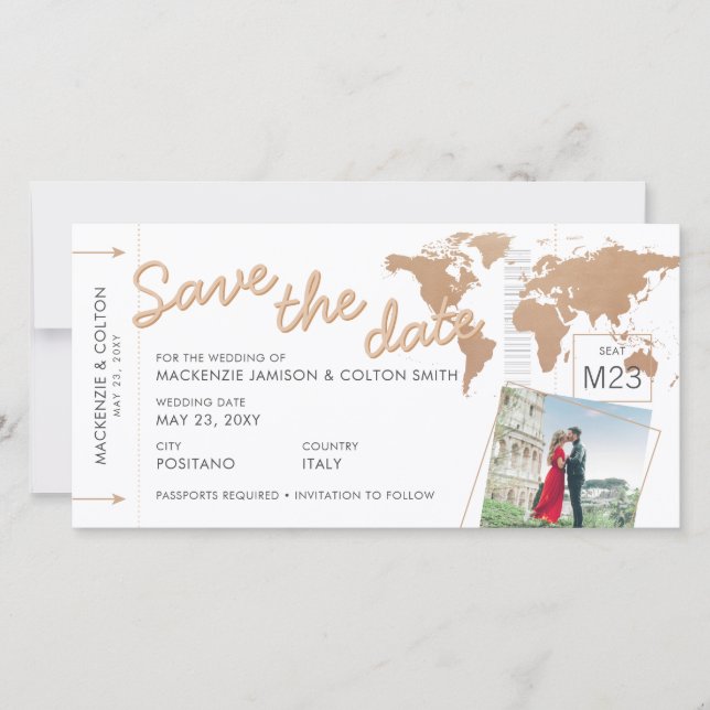 Boarding Pass Save the Date Photo World Map Rust (Front)